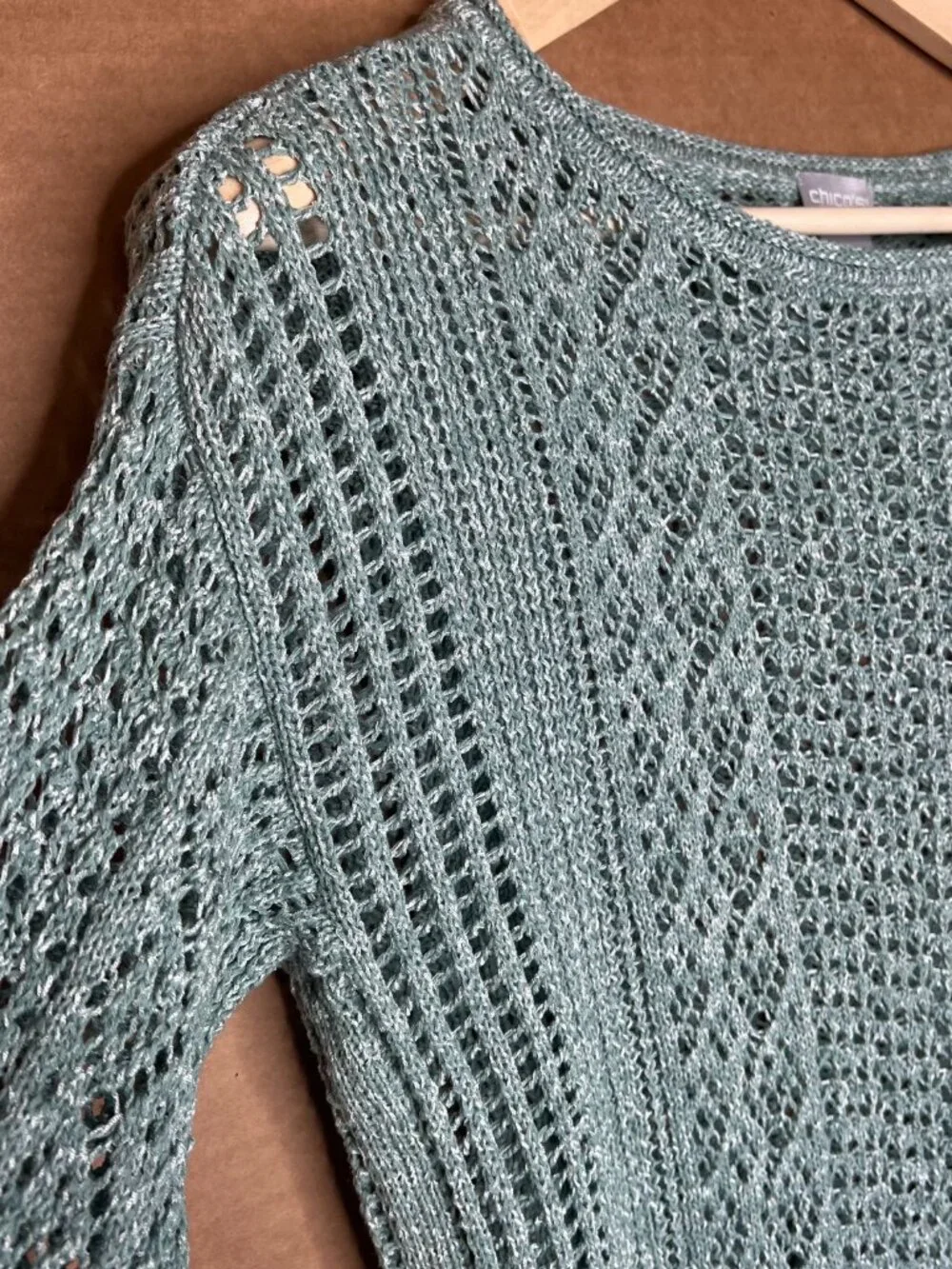Chico's Light Teal Crochet Knit Sweater | Size 0 (Medium) | Cotton Blend | Boho